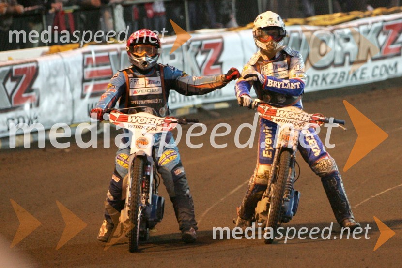 Greg Hancock (ZDA) in Tomasz Gollob (Poljska) po finalni vožnji VN ŠvedskeSPEEDWAY GRAND PRIX, VN Švedske 2006, dirka
