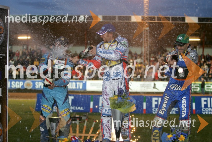 Greg Hancock (ZDA) 2.mesto, Jason Crump (Avstralija) 1.mesto in Tomasz Gollob (Poljska) 3.mesto na VN ŠvedskeSPEEDWAY GRAND PRIX, VN Švedske 2006, dirka