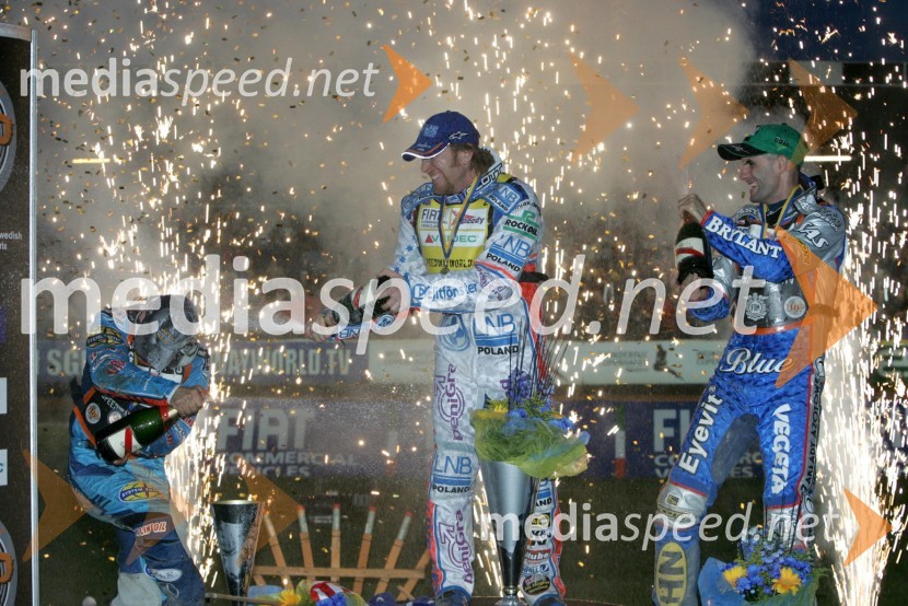 Greg Hancock (ZDA) 2.mesto, Jason Crump (Avstralija) 1.mesto in Tomasz Gollob (Poljska) 3.mesto na VN ŠvedskeSPEEDWAY GRAND PRIX, VN Švedske 2006, dirka
