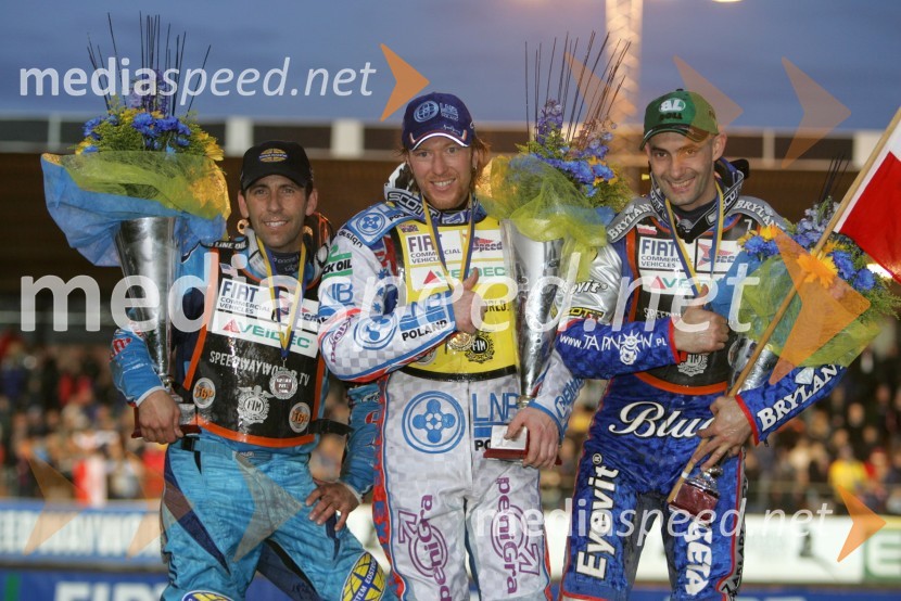 Greg Hancock (ZDA) 2.mesto, Jason Crump (Avstralija) 1.mesto in Tomasz Gollob (Poljska) 3.mesto na VN ŠvedskeSPEEDWAY GRAND PRIX, VN Švedske 2006, dirka