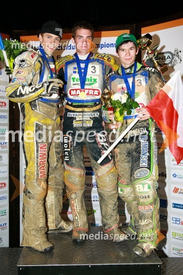 Przemyslaw Pawlicki (Poljska), 2. mesto, Denis Andersson (Švedska), 1. mesto in Patryk Dudek (Poljska), 3. mestoSpeedway, EM U19 finale