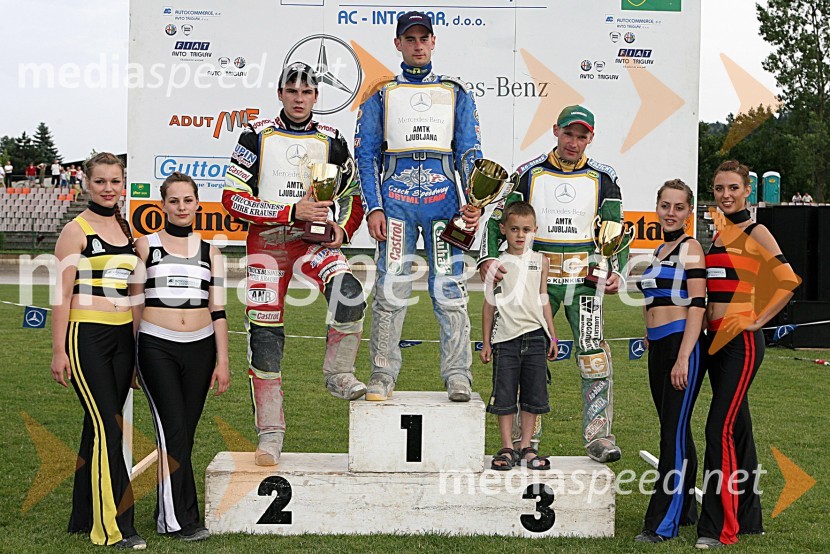 2. Christian Hefenbrock (Nemčija), 1. Aleš Dryml (Češka) in 3. Jacek Rempala (Poljska)SPEEDWAY,EP Polfinale 1