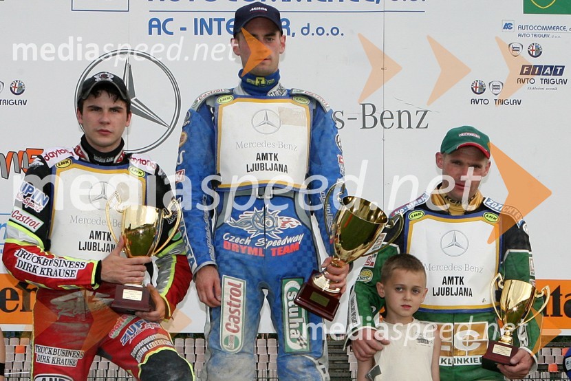 2. Christian Hefenbrock (Nemčija), 1. Aleš Dryml (Češka) in 3. Jacek Rempala (Poljska)SPEEDWAY,EP Polfinale 1