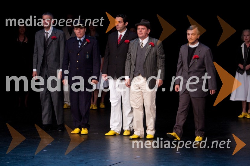 Radoš Bolčina, igralec, Milan Vodopivec, igralec, Gorazd Jakomini, igralec, Jože Hrovat, igralec in Iztok Mlakar, igralecObisk stare gospe, premiera SNG Nova Gorica