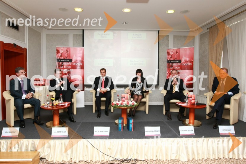 Franjo Bobinac, predsednik uprave Gorenje d.d, Žiga Debeljak, predsednik uprave družbe Mercator, dr. Andrej Vizjak, PwC, predsednik za svetovanje, Andreja Jernejčič, direktorica LIN&NIL d.o.o., Aleksander Svetelšek, predsednik uprave družbe Petrol d.d. in Janez Škrabec, direktor podjetja Riko d.o.o.Dr. Andrej Vizjak predstavil novo knjigo z naslovom Formule uspeha za novo desetletje