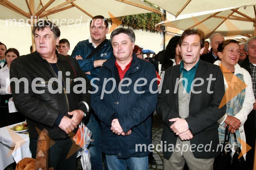 Tone Gačnik, mestni svetnik SD, Bojan Horvat, županski kandidat in Teodor Lorenčič,  županski kandidatTrgatev Stare trte v Mariboru