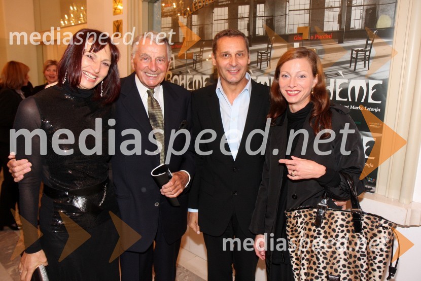 Demeter Bitenc, igralec, njegova spremljevalka Majda Pintar, Danilo Rošker, direktor SNG Maribor in soproga Nataša Matjašec Rošker, igralkaLa boheme, premiera opere SNG Maribor