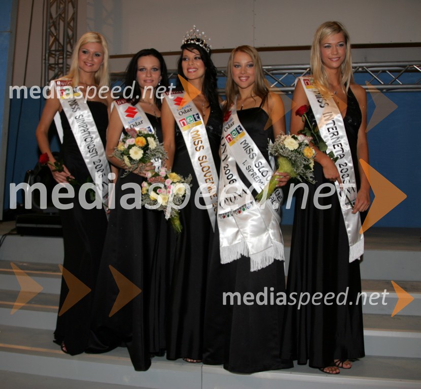 Maja Žižek, Miss simpatičnosti 2006, Vanja Ivanovič, 2. spremljevalka Miss Slovenije 2006, Iris Mulej, Miss Slovenije 2006, Katarina Jurkovič, 1. spremljevalka Miss Slovenije 2006 in Miss fotogeničnosti 2006 in Kristina Kuhelj, Miss interneta 2006Miss Slovenije 2006, finalni izbor