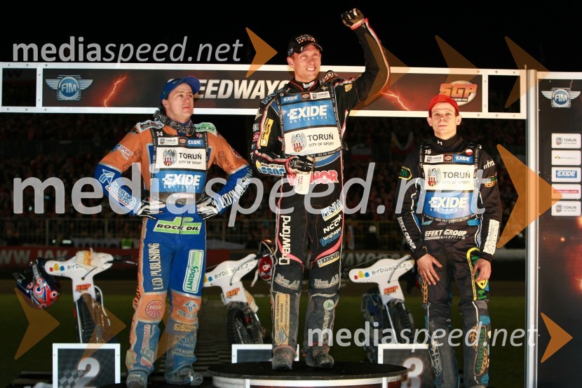 Chris Harris (Velika Britanija), Andreas Jonsson (Švedska) in Mattia Carpanese (Italija)Speedway, SGP 2010, VN Poljske 2010