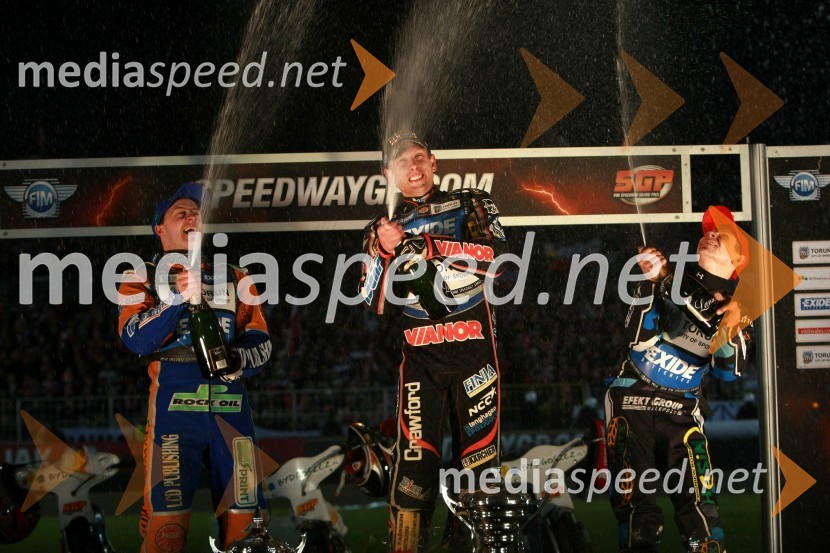 Chris Harris (Velika Britanija), Andreas Jonsson (Švedska) in Mattia Carpanese (Italija)Speedway, SGP 2010, VN Poljske 2010