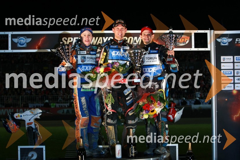 Chris Harris (Velika Britanija), Andreas Jonsson (Švedska) in Mattia Carpanese (Italija)Speedway, SGP 2010, VN Poljske 2010