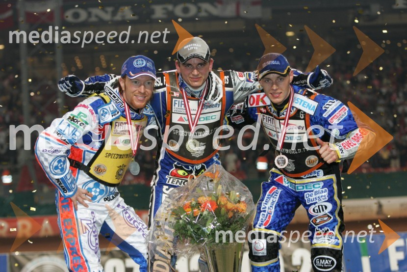 2.mesto Jason Crump (Avstralija), 1.mesto Hans Andersen (Danska) in 3.mesto Bjarne Pedersen (Danska)SPEEDWAY GRAND PRIX, VN Danske 2006, dirka