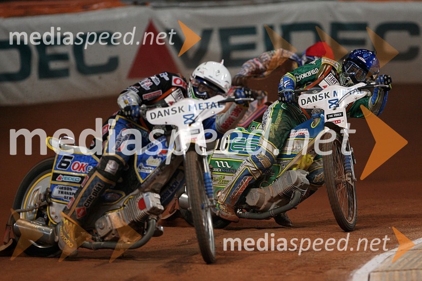 Bjarne Pedersen (Danska), Antonio Lindbaeck (Švedska) in Jason Crump (Avstralija)SPEEDWAY GRAND PRIX, VN Danske 2006, dirka