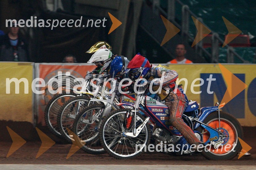 Lee Richardson (VBR), Bjarne Pedersen (Danska), Greg Hancock (ZDA) in Jason Crump (Avstralija) prva polfinalna vožnja na VN Danske
SPEEDWAY GRAND PRIX, VN Danske 2006, dirka