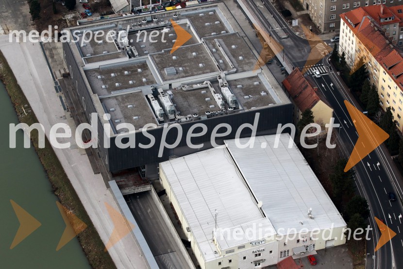 Festivalna dvorana Lent in Kolosej MariborMaribor in okolica iz zraka