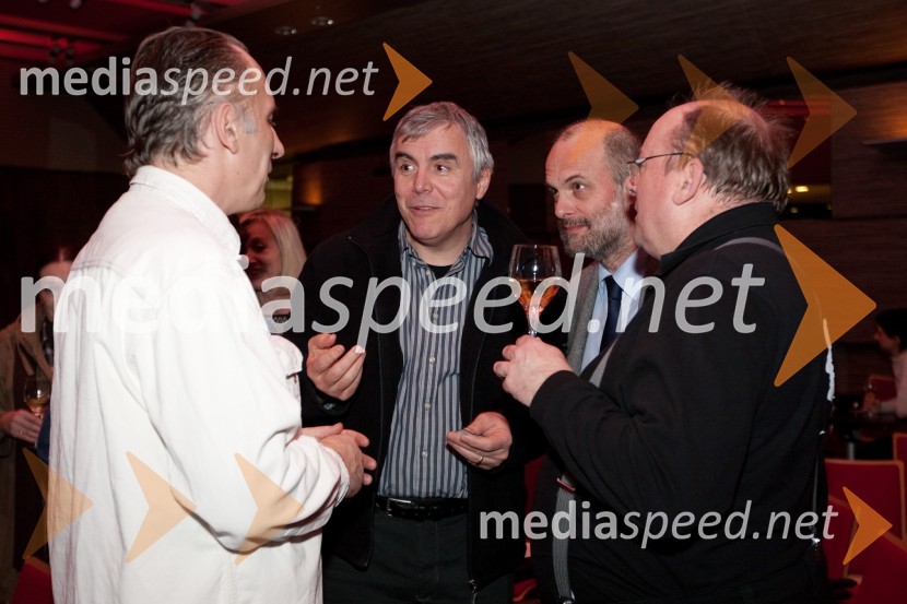Jonas Žnidaršič, igralec, Zoran Predin, glasbenik, Janez Lombergar, vd direktorja Televizije Slovenija in Gojmir Lešnjak Gojc, igralec, režiserSlovenija ima avdicijo, premiera