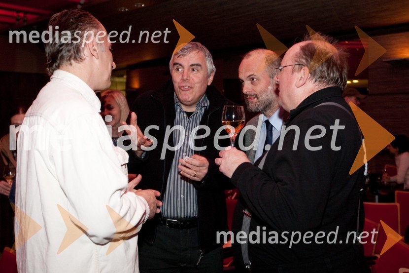 Jonas Žnidaršič, igralec, Zoran Predin, glasbenik, Janez Lombergar, vd direktorja Televizije Slovenija in Gojmir Lešnjak Gojc, igralec, režiserSlovenija ima avdicijo, premiera
