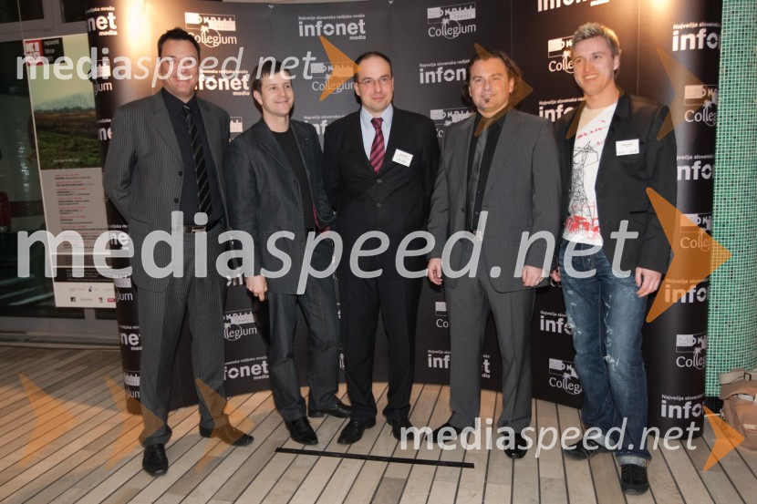 Sandi Küplen, direktor CMT potovalna agencija, Boštjan Romih, moderator na Radio 1, Leo Oblak, predsednik uprave Infonet media d.d., Dominik S. Černjak, član uprave Collegium Mondial Travel in Denis Avdić, moderator na Radio 1Ponovoletno poslovno srečanje Infonet medie in CMT