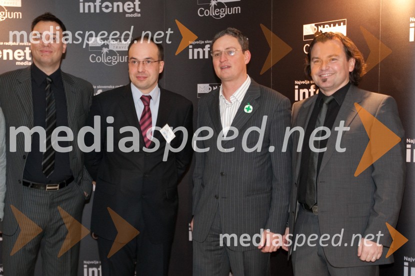 Sandi Küplen, direktor CMT potovalna agencija, Leo Oblak, predsednik uprave Infonet media d.d., Marko Jaklič, direktor Lekarna Ljubljana in Dominik S. Černjak, član uprave Collegium Mondial TravelPonovoletno poslovno srečanje Infonet medie in CMT