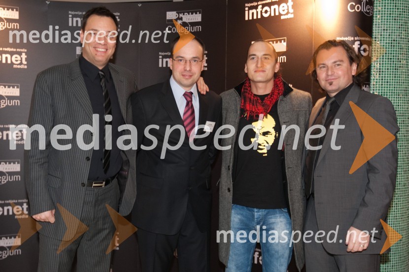 Sandi Küplen, direktor CMT potovalna agencija, Leo Oblak, predsednik uprave Infonet media d.d., Vid Valič, stand up komik in Dominik S. Černjak, član uprave Collegium Mondial TravelPonovoletno poslovno srečanje Infonet medie in CMT