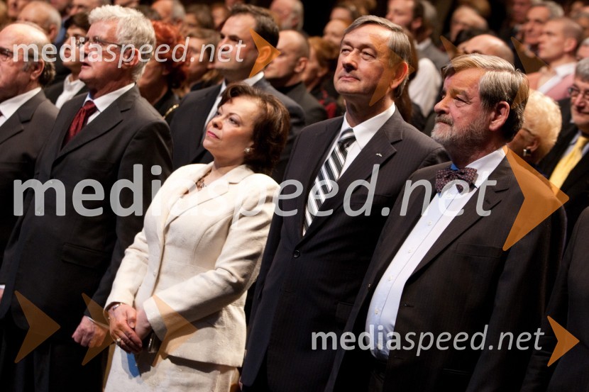 Pavel Gantar, predsednik DZ RS, Barbara Miklič Türk, soprog dr. Danilo Türk, predsednik Republike Slovenije in Jaroslav Skrušny, predsednik Upravnega odbora Prešernovega skladaProslava ob kulturnem prazniku in podelitev Prešernovih nagrad