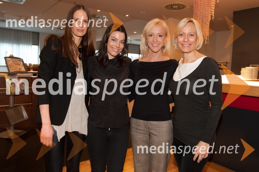 Maja Bulc Raspopović, lastnice modne agencije Model Group, Ana Ziherl Mali, Ota Roš, voditeljica in Petra Kerčmar, voditeljicaIntraceuticals, predstavitev kozmetike