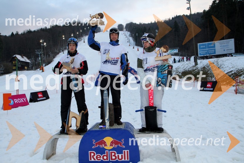 Gregor Ravnjak, 2. mesto, Tomaž Magerl, 1. mesto in Luka Mohorko, 3. mesto1. Red bull pležuharski spektakel
