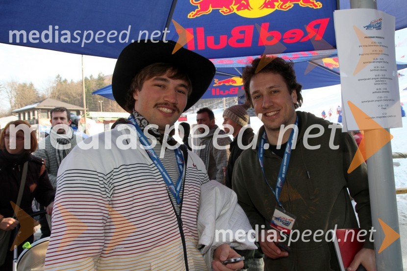 Filip Flisar, smučar prostega sloga in Marko Pajnik, organizator dogodka1. Red bull pležuharski spektakel