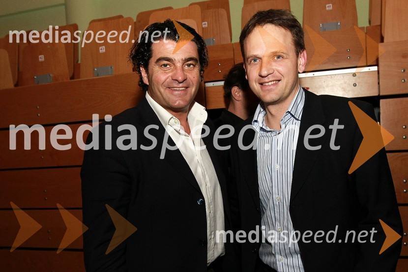 Alberto Tomba, nekdanji italijanski smučar in Franci Bolta, direktor avtomobilske znamke Audi pri Porsche Slovenija d.o.o.Bela večerja ob 50 letnici Pokala Vitranc