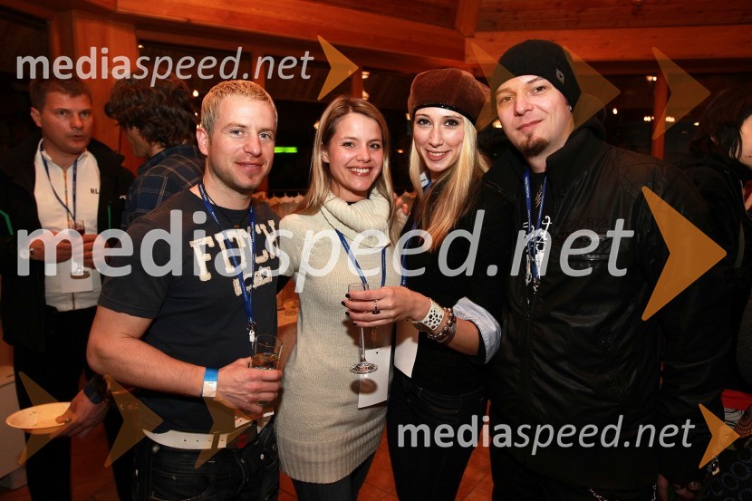 Rene Mlekuž, nekdanji alpski smučar, soproga Nika, Manca Simčič, manekenka in Tomi Meglič, pevec skupine Siddharta50. Pokal Vitranc, XL Party