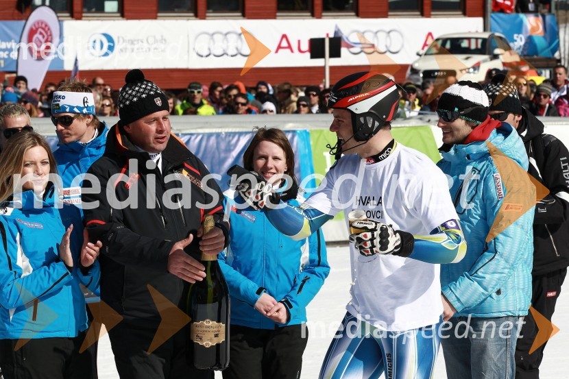 Grega Benedik, nekdanji smučar, Mitja Dragšič in Aleš Gorza, smučarja50. Pokal Vitranc, slalom
