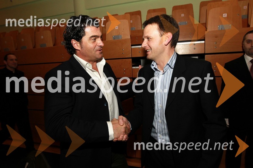 Alberto Tomba, nekdanji italijanski smučar in Franci Bolta, direktor avtomobilske znamke Audi pri Porsche Slovenija d.o.o.Bela večerja ob 50 letnici Pokala Vitranc