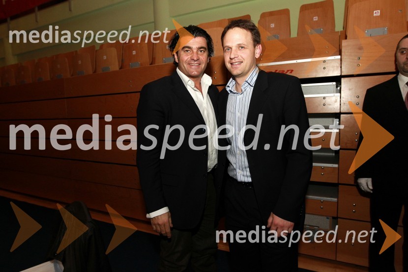 Alberto Tomba, nekdanji italijanski smučar in Franci Bolta, direktor avtomobilske znamke Audi pri Porsche Slovenija d.o.o.Bela večerja ob 50 letnici Pokala Vitranc
