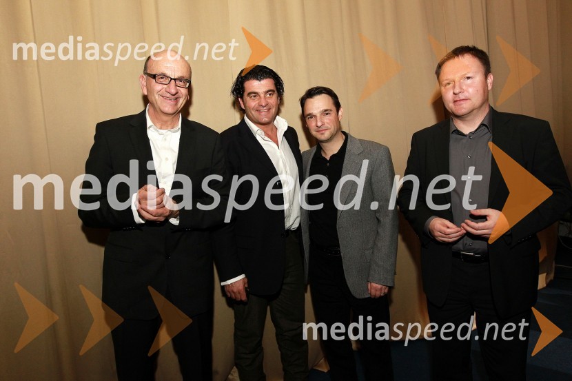 Heinz Slesak, generalni direktor Porsche Slovenija d.o.o., Alberto Tomba, nekdanji italijanski smučar, Danilo Ferjančič, generalni direktor Porsche Slovenija d.o.o. in Samo Pagon, vodja marketinga znamke Audi pri podjetju Porsche Slovenija d.o.o.Bela večerja ob 50 letnici Pokala Vitranc