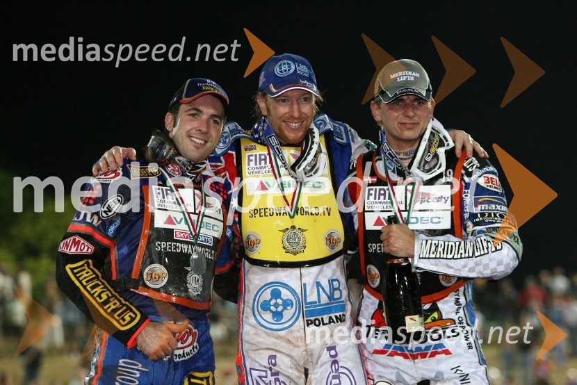 Zmagovalna trojka VN Italije, 2. mesto Scott Nicholls (VBR), 1. mesto Jason Crump (Avstralija) in 3.mesto Hans Andersen (Danska)SPEEDWAY GRAND PRIX, VN Italije 2006, dirka