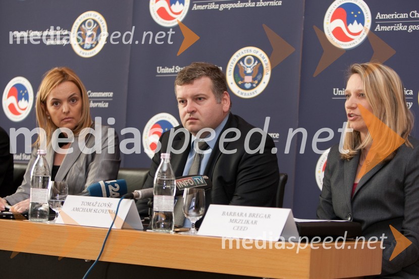 mag. Ajša Vodnik, izvršna direktorica Ameriške gospodarske zbornice (AmCham), Tomaž Lovše, predsednik Ameriške gospodarske zbornice AmCham in Barbara Bregar Mrzlikar, MBA, direktorica CEEDAmeriška gospodarska zbornica: predstavitev konference U.S. - Slovenia Business Bridge