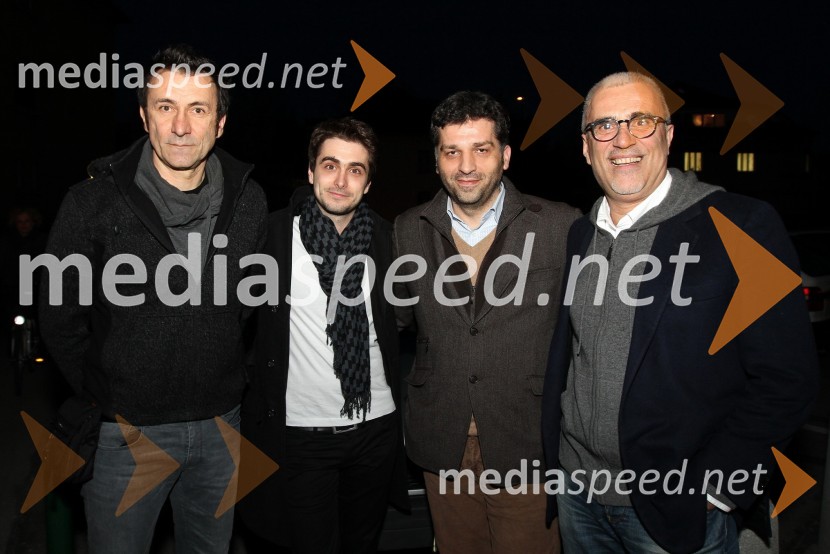 Branko Đurić - Đuro, režiser, Boris Ler, igralec, Danis Tanović, režiser in Čedomir Kolar, producentPremiera filma Cirkus Columbia