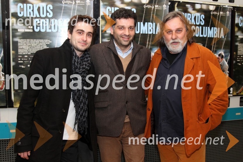 Boris Ler, igralec, Danis Tanović, režiser in Dušan Milavec, scenografPremiera filma Cirkus Columbia