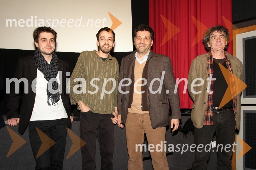 Boris Ler, igralec in Almir Mehić, igralec, Danis Tanović, režiser in Miki Manojlović, igralecPremiera filma Cirkus Columbia