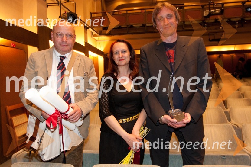Matjaž Berger, režiser in prejemnik Šeligove nagrade, Marinka Poštrak, dramaturginja in Matjaž Zupančič, dramatik in prejemnik Grumove nagrade41. Teden slovenske drame v Prešernovem gledališču Kranj, zaključek in podelitev nagrad