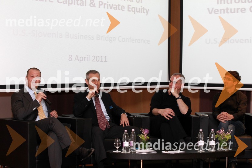 Davor Jakulin, direktor podjetja Atech, Laszlo Czirjak, iEurope, Jerry Colonna in Boštjan Špetič, direktor podjetja ZemantaAmCham Investicijska konferenca U.S.-Slovenia business bridge: Cross U.S.-Slovenia investment opportunities for entrepreneurs