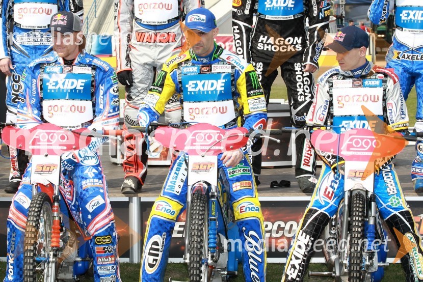 Jason Crump, Avstralija, Tomasz Gollob, Poljska in Jaroslaw Hampel, PoljskaSpeedway Grand Prix VN Evrope, trening