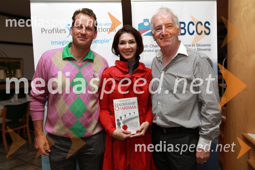 	Gregor Vehovec, soorganizator dogodka, Saša Rakita, direktorica marketinga na BCCS in Deiric McCannBritanska gospodarska zbornica v Sloveniji ter Profiles International Slovenia sta organizirala predavanje Deirica McCanna in golf turnir