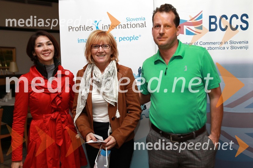 Saša Rakita, direktorica marketinga na BCCS, Majda Nahtigal in  Gregor Vehovec, soorganizator dogodkaBritanska gospodarska zbornica v Sloveniji ter Profiles International Slovenia sta organizirala predavanje Deirica McCanna in golf turnir