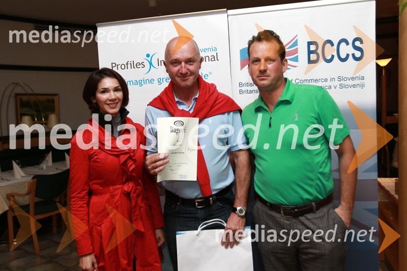 Saša Rakita, direktorica marketinga na BCCS, Vitomir Bregar in  Gregor Vehovec, soorganizator dogodkaBritanska gospodarska zbornica v Sloveniji ter Profiles International Slovenia sta organizirala predavanje Deirica McCanna in golf turnir