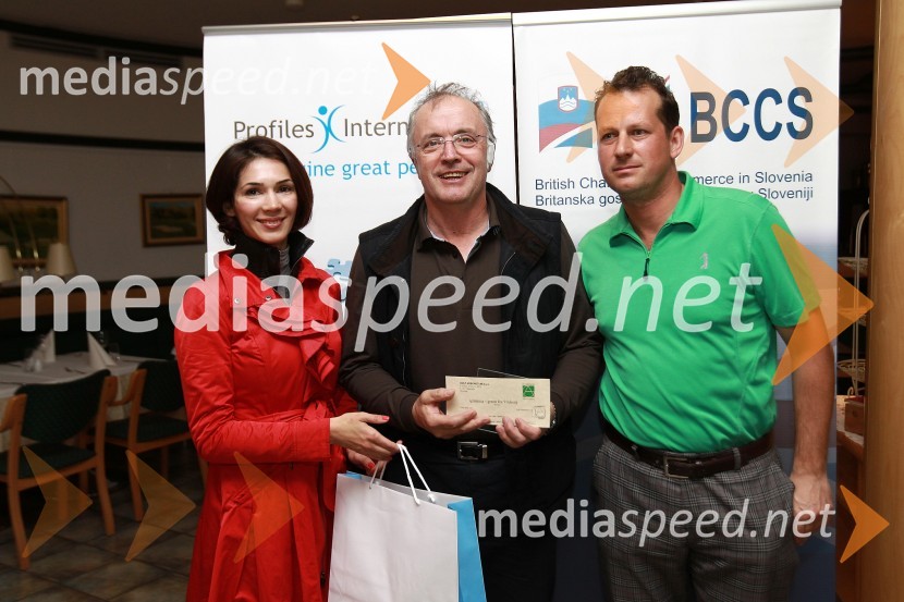 Saša Rakita, direktorica marketinga na BCCS, Franci Nadles in  Gregor Vehovec, soorganizator dogodkaBritanska gospodarska zbornica v Sloveniji ter Profiles International Slovenia sta organizirala predavanje Deirica McCanna in golf turnir