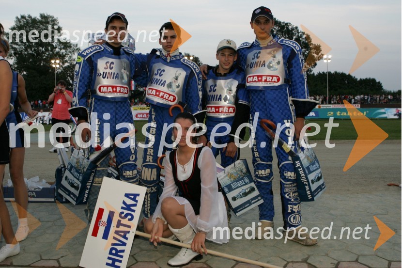 Hrvaška ekipa, z leve: Zoran Strahija, Jurica Pavlic, Nikola Martinec in Ivan VargekSPEEDWAY, otvoritev stadiona Milenium