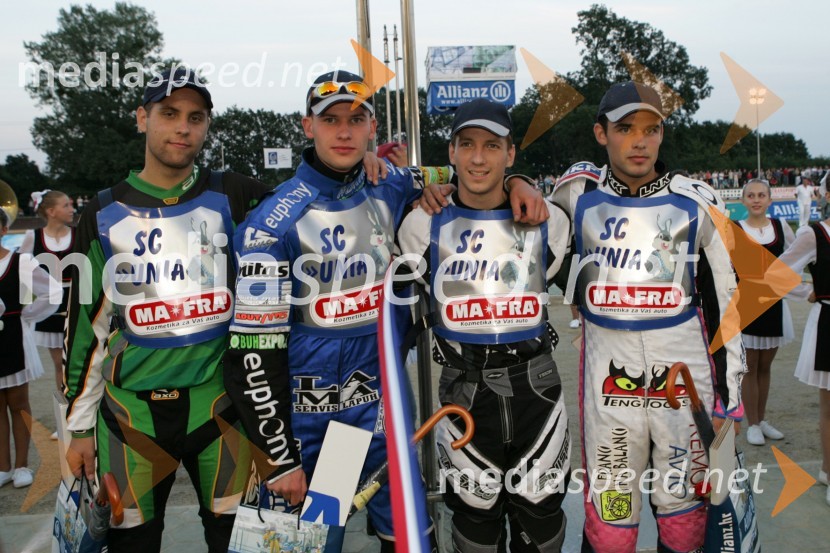 Maks Gregorič, Matej Žagar, Aleš Kraljič in Jernej Kolenko, vsi AMTK LjubljanaSPEEDWAY, otvoritev stadiona Milenium