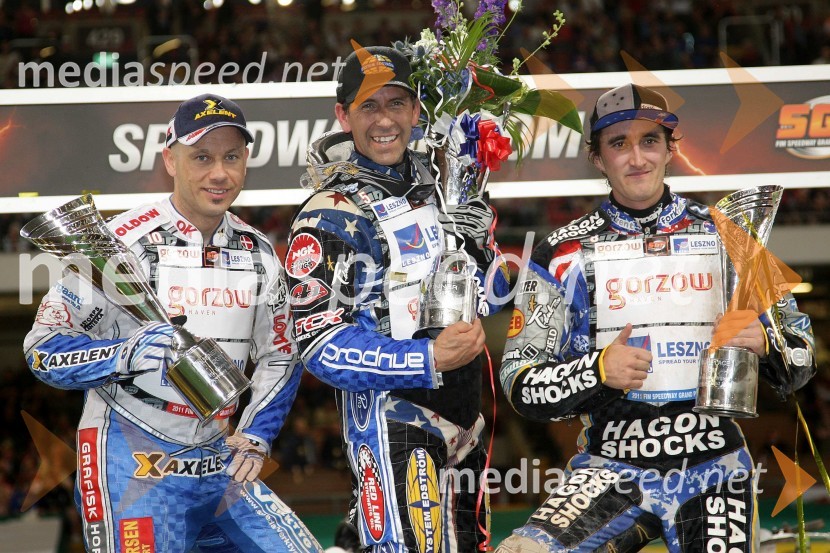 Nicki Pedersen (Danska), Greg Hancock (ZDA) in Chris Holder (Avstralija)Speedway Grand Prix 2011, VN Velike Britanije, 5. dirka