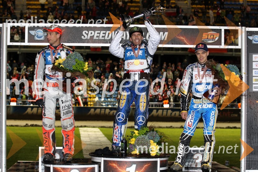 Andreas Jonsson, Švedska, Greg Hancock, ZDA in Jaroslaw Hampel, PoljskaSpeedway, zaključek serije Grand Prix 2011, VN Poljske